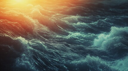 Closeup of sun drenched ocean waves with foamy whitecaps.