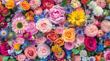 Vibrant floral background with an assortment of fresh roses, daisies, sunflowers, hydrangeas, and wildflowers in various colors, creating a lush and decorative botanical texture for wedding invitation