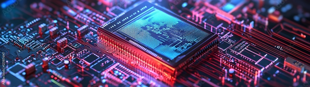 Poster Closeup view of an intricate circuit board with complex microchips processors and electronic components symbolizing the advanced technology and digital innovation powering modern systems and machines
