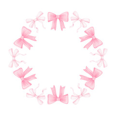 cute festive bows. Watercolor round frame on white background for textile, wrapping paper. Cute children's illustration in pastel colors