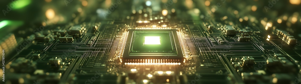 Poster Closeup view of an intricate circuit board with glowing microchips integrated circuits and a futuristic metallic texture