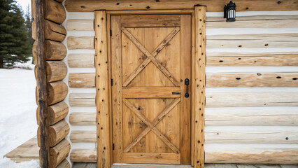 Rustic wooden door against log cabin structure with snow-covered ground nearby