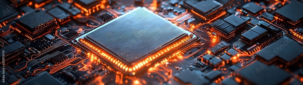 Leinwandbilder closeup view of an intricate circuit board with glowing microchips processors and electronic compone