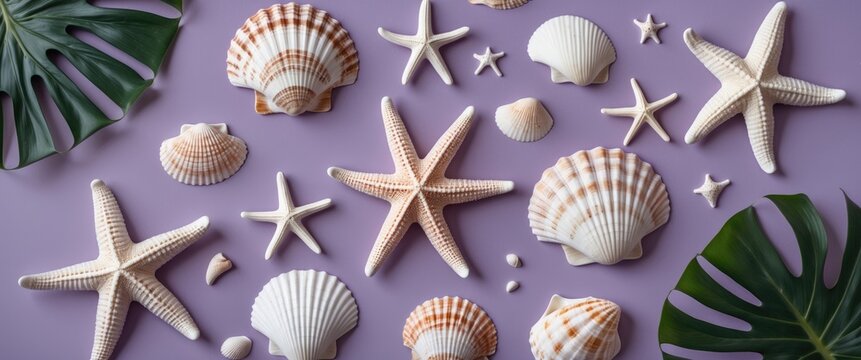 Variety of sea shells and starfish arranged on a purple background with green tropical leaves for coastal or beach themed decoration.