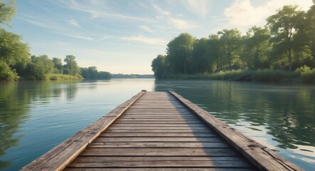Obraz premium Wooden dock extending into calm water surrounded by lush greenery under a clear sky in a tranquil natural landscape.