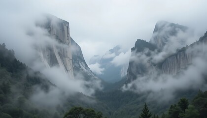 Majestic Fog-Shrouded Mountains in China, Dramatic Cliffs, Lush Greenery, Misty Valley, Breathtaking Scenery, Serene Atmosphere, Natural Beauty