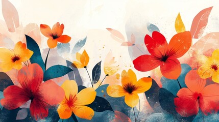 a vibrant and colorful floral watercolor illustration, with a mix of red and yellow blossoms and lush green leaves