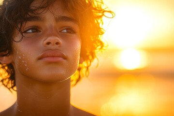 Fototapeta premium Young boy looks thoughtfully at the sunset while standing on the beach during a warm summer evening