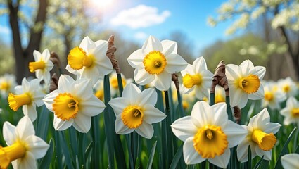 Fototapeta premium Flowering daffodil field with bright yellow centers and white petals under blue sky and sunlight in a spring garden setting