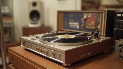 Fototapeta premium Vintage turntable with record playing on wooden surface.