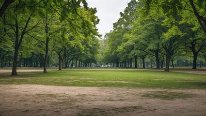 Obraz premium Lush green park landscape with symmetrical rows of trees and open grass space under an overcast sky.