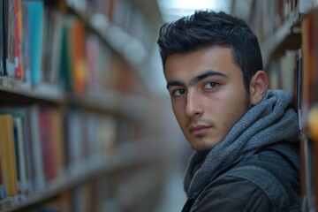 Fototapeta premium Young man studying in a library surrounded by books during a quiet afternoon