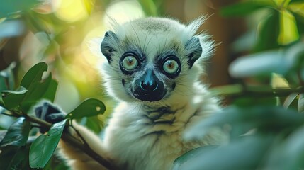 Obraz premium Captivating Close-Up of a Unique Lemur Surrounded by Lush Greenery in a Tropical Environment