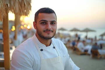 Fototapeta premium Chef smiles at sunset on a beautiful beachside restaurant with guests enjoying their evening meal
