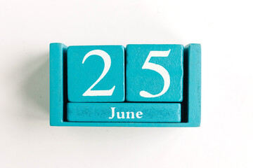 June 25. Blue cube calendar with month date isolated on white background.