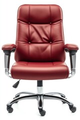 Fototapeta premium Luxurious burgundy leather executive office chair with chrome base and ergonomic design for comfort and style
