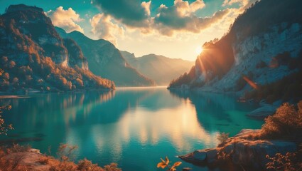 Mountain landscape at sunrise with calm lake reflecting colorful sky and rugged cliffs in the background
