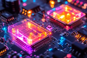 Obraz premium a close-up of a modern computer circuit board, highlighting its intricate electronic components, including processors and chips, illuminated with vibrant neon light.