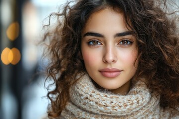 Naklejka premium Young woman with curly hair and scarf poses outdoors in a cozy, urban environment during daylight hours