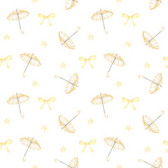 umbrella, bow. Watercolor seamless pattern in pastel colors. Cute autumn illustration
