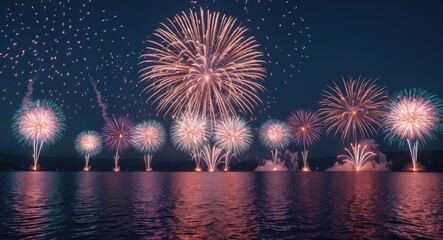 Colorful fireworks display over calm water at night with reflections in the water and a clear dark sky in the background