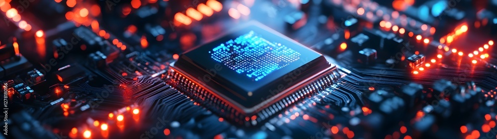 Poster Closeup view of futuristic computer chip circuits on a high tech motherboard with bright blue and red lighting showcasing the complex and innovative digital technology of the future