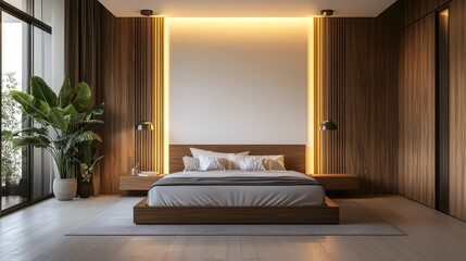 Modern Minimalist Bedroom with Natural Elements and Warm Lighting