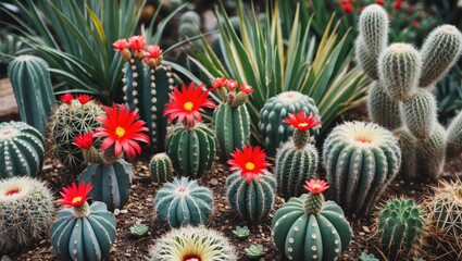 Fototapeta premium Colorful cactus garden with various species and red blossoms on display in a natural setting with green foliage and soil.