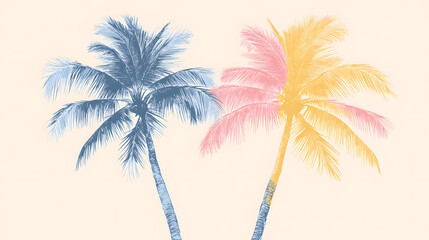 Illustration of two palm trees, white background, pink and blue colors
