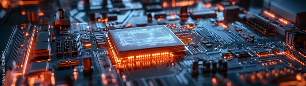 Poster Closeup view of the intricate circuitry and microchips on a futuristic computer motherboard showcasing the complex inner workings and advanced technology powering modern digital devices and systems