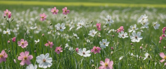 Fototapeta premium Field of pink and white wildflowers blooming in a green landscape under natural sunlight during spring season