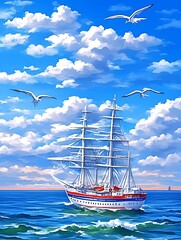 Sailing ship on ocean, blue sky, white clouds, seagulls