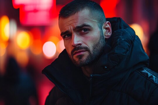 Man in black coat stands in neon-lit urban environment at night displaying a thoughtful expression