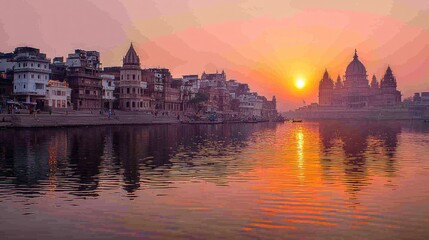 Naklejka premium Serene sunset over a river reflecting historic buildings and temples