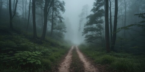 Fototapeta premium Foggy forest path in a dense woodland surrounded by tall trees and lush greenery during a misty morning atmosphere.