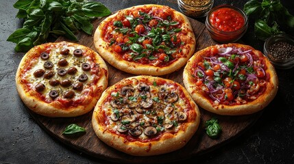 Four delicious pizzas with various toppings on a wooden board, garnished with fresh basil
