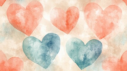 Obraz premium Watercolor Hearts Seamless Pattern: Coral and Teal Hearts on Beige Background