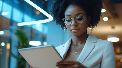 A corporate woman checking stock market updates on a tablet