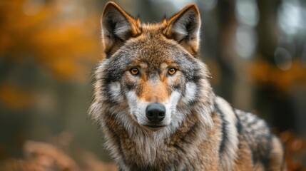 Majestic Wolf Portrait in Autumn Forest Setting with Soft Light and Natural Background