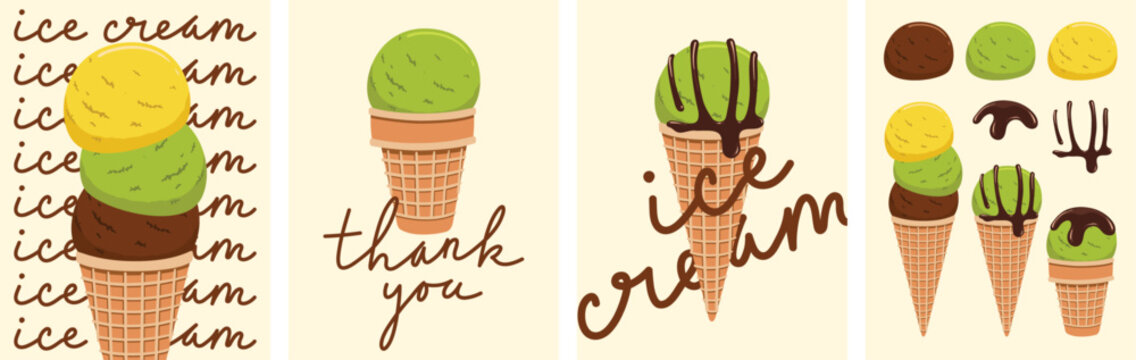 Ice cream set vector illustration. Chocolate, green tea or matcha, and tropical flavors. Cute dessert design for poster, thank you card, and summer decor.