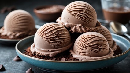 Chocolate ice cream scoops arranged on a plate with cocoa powder, chocolate chips, and a glass of chocolate sauce in the background