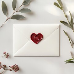 White envelope sealed with a red heart wax stamp, placed on marble surface, elegant and romantic detail.