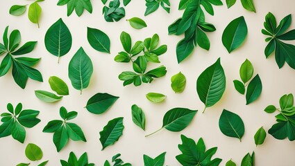 Assorted green leaves of various shapes and sizes arranged on a light background flat lay composition.