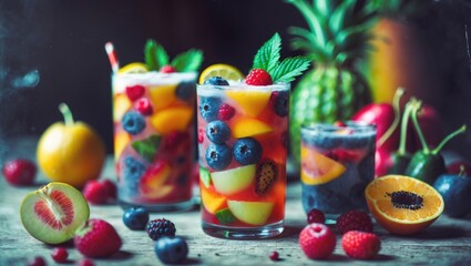 Fototapeta premium Colorful fruit cocktails in clear glasses with fresh berries and mint leaves surrounded by assorted fruits on a wooden table