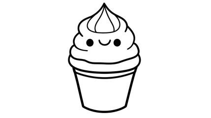 A new, simple line art of a cute cartoon whipped cream in a plastic cup
