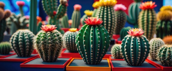 Fototapeta premium Colorful variety of cacti in decorative pots with vibrant flowers set against a blurred background in a botanical garden exhibition