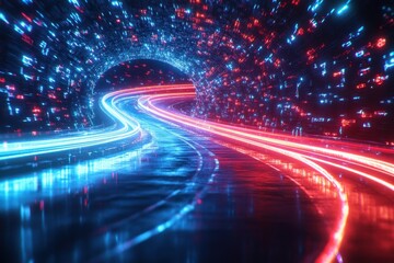 Dynamic Tunnel of Digital Data Stream with Red and Blue Light Trails and Reflections for Futuristic Technology and Innovation