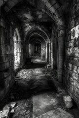 Obraz premium Dungeon Corridor. Abandoned Stone Tunnel with Dim Light in Dark, Mysterious Interior