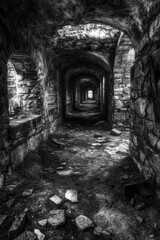 Fototapeta premium Dungeon Corridor: Abandoned Stone Tunnel with Eerie Light in Dark Interior