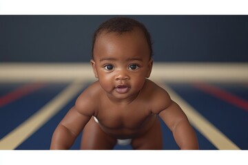 Baby crawls on colorful gym mat in bright indoor space during playtime